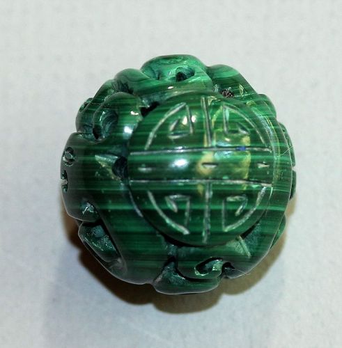 Malachite carved large bead, Chinese Character "Shou"