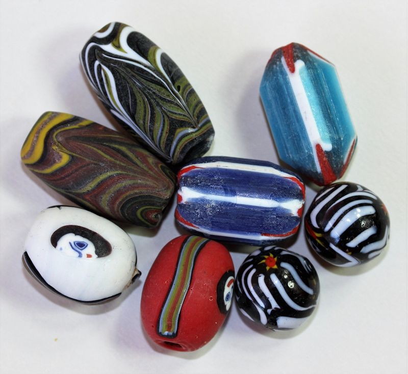 Eight(8) Glass Beads, various colors, Venetian style