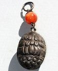 Chinese Silver Lotus Pod Bell Pendant, Agate bead