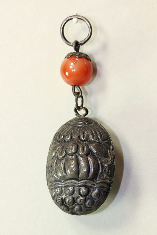 Chinese Silver Lotus Pod Bell Pendant, Agate bead