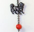 Chinese Silver Foo Dog & Agate Bead with Chain Tassel