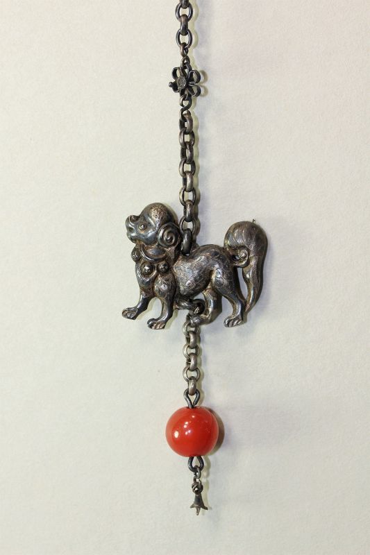 Chinese Silver Foo Dog & Agate Bead with Chain Tassel