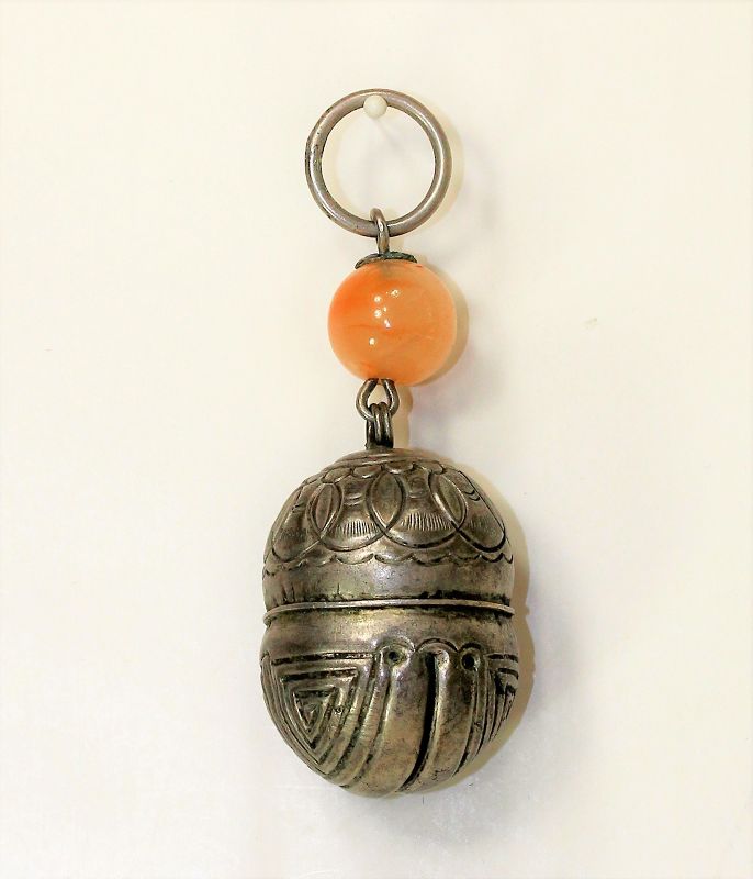 Chinese Silver Bell Pendant with Agate Bead