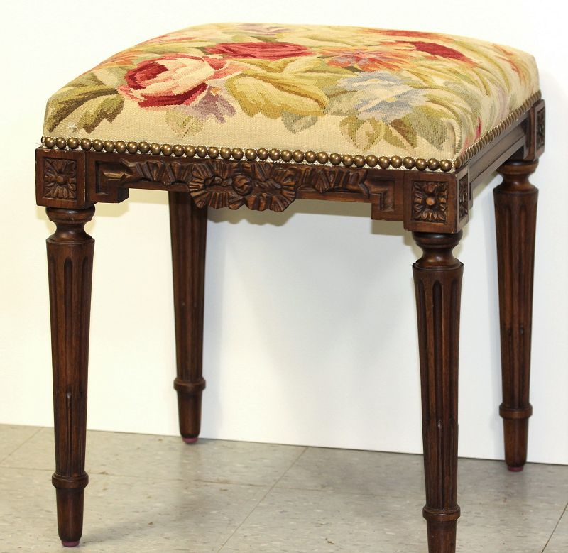 Aubusson Wool Wooden Stool, hand woven Floral design
