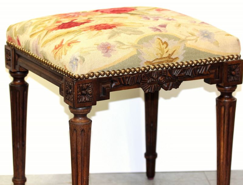 Aubusson Wool Wooden Stool, hand woven Floral design