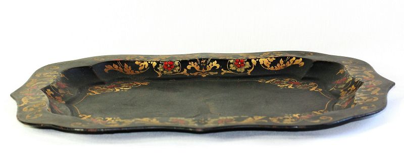 French Tole black Tray, Chippindale style border, 19th C.