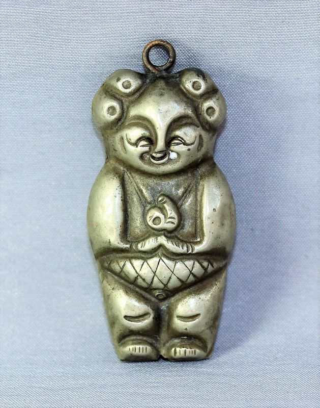Chinese Silver laughing Boy Bell Pendant, holding Peach
