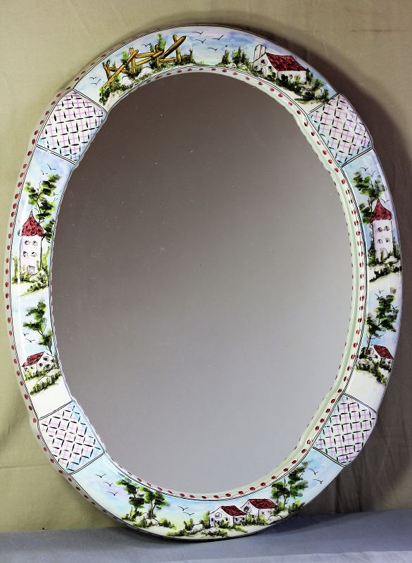 Portuguese Ceramic Oval Mirror, Hand Painted house, fence