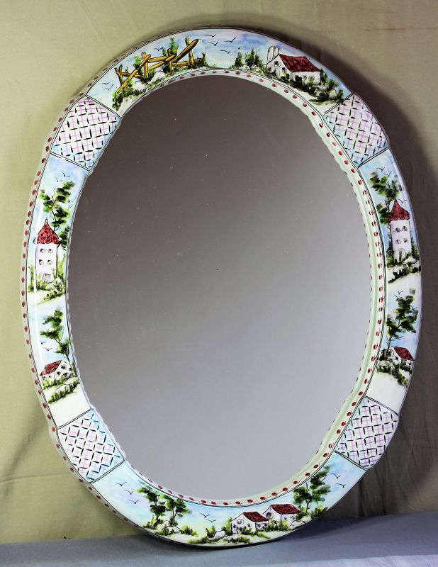 Portuguese Ceramic Oval Mirror, Hand Painted house, fence