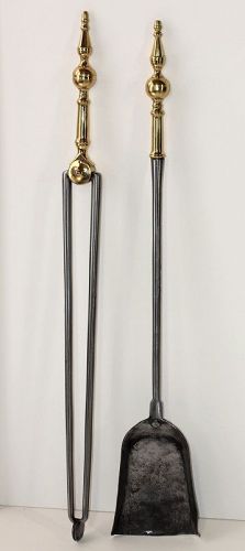 19th C. 2 pieces polished Brass & Steel Fire Place Tools,Tongs, Shovel