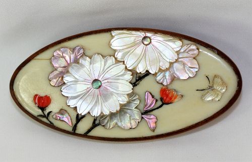 Beautiful Japanese Shibayama inlaid Pin, Brooch, Flowers & Butterfly