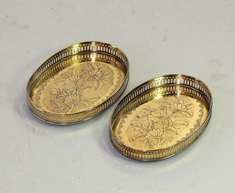 2 Chinese Brass Gallery Trays, oval etched Peony floral design