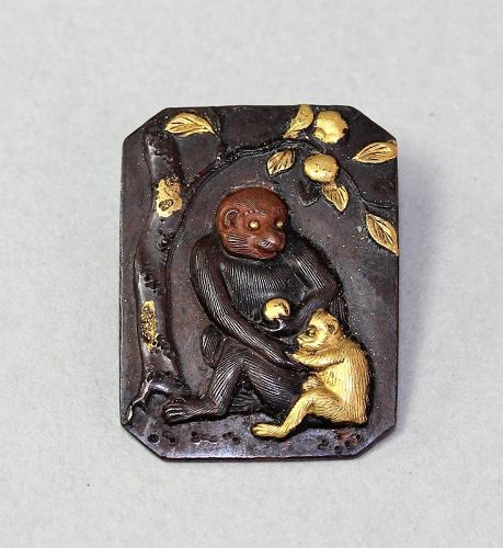 Japanese Gilded Monkey and Baby Brooch, under Fruit Tree