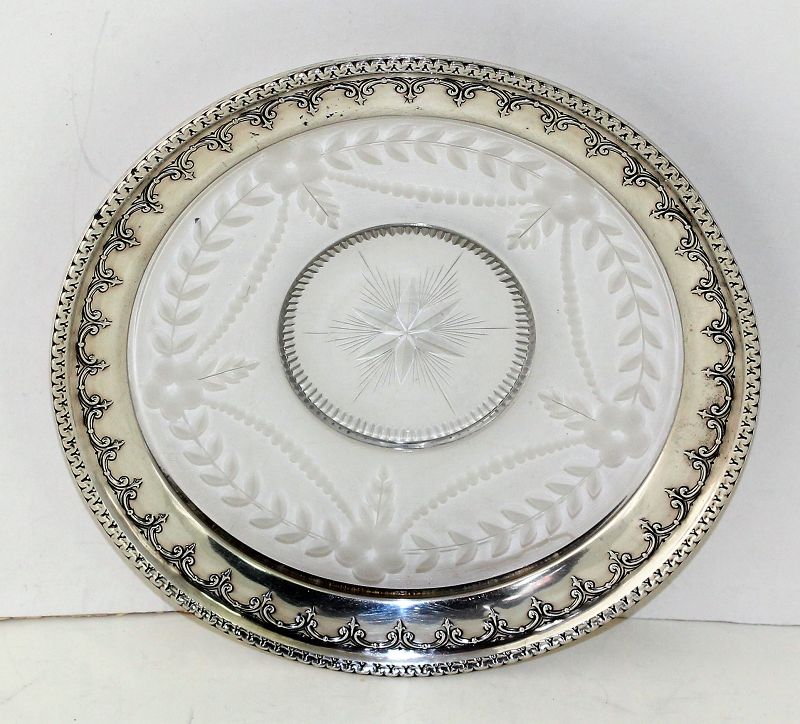 Sterling Silver Rim & cut etched Crystal Dish or Coaster