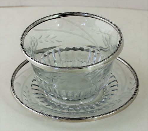 Sterling Rim Cut  Etched Crystal Bowl & Saucer