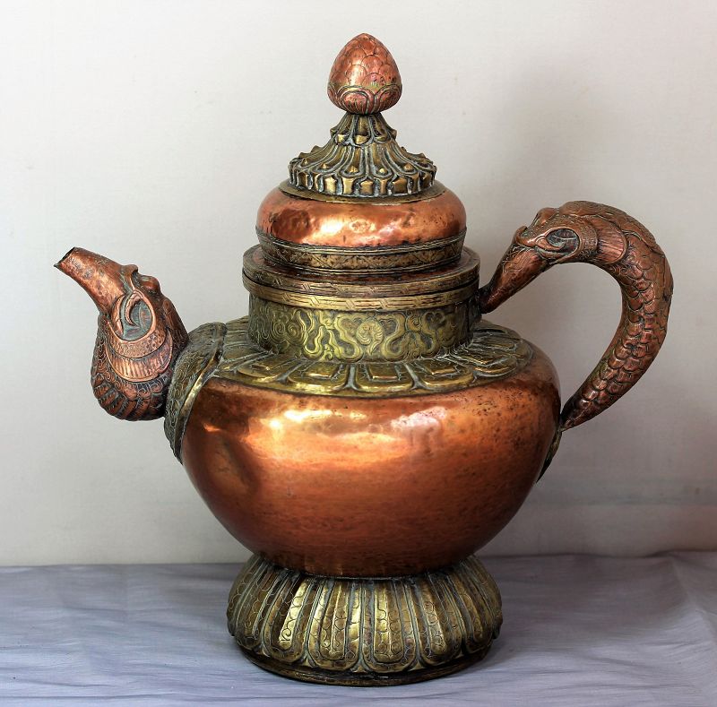 Tibetan Himalayan Copper & Brass Makala large Ewer, Tea Pot