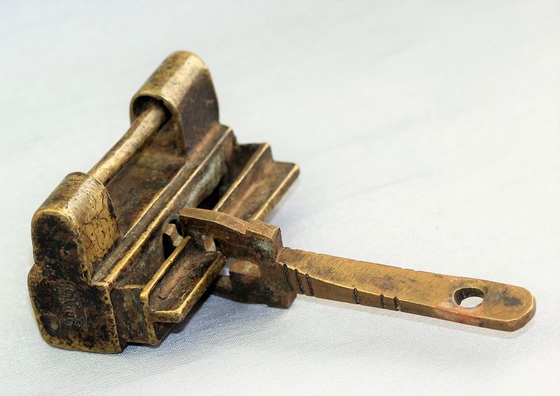 Chinese Brass Lock & Key,  signed & inscribed Chinese design