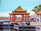 Chinese Export Water Color Painting of Party in a Pavilion, 19th C.