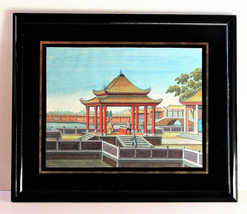 Chinese Export Water Color Painting of Party in a Pavilion, 19th C.
