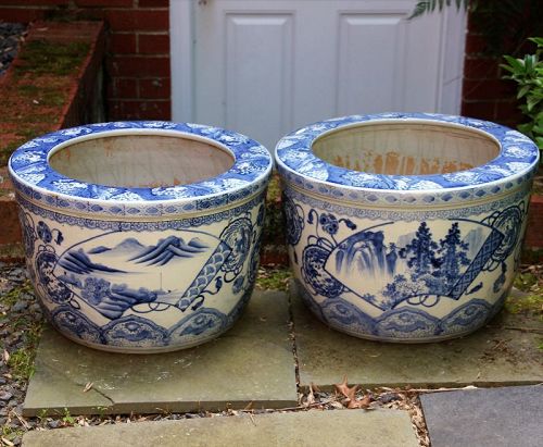 Pr. Japanese Porcelain Blue & White large Hibachis