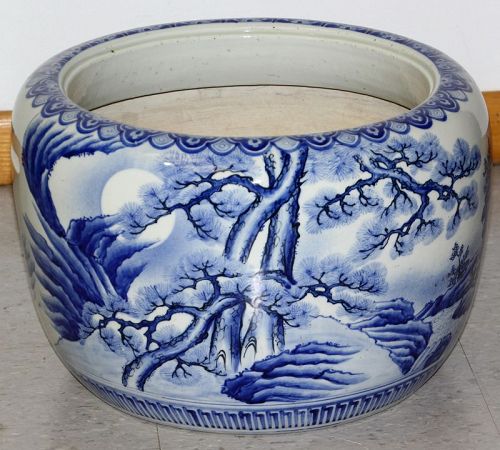 Japanese Porcelain Blue & White large Hibachi with handle