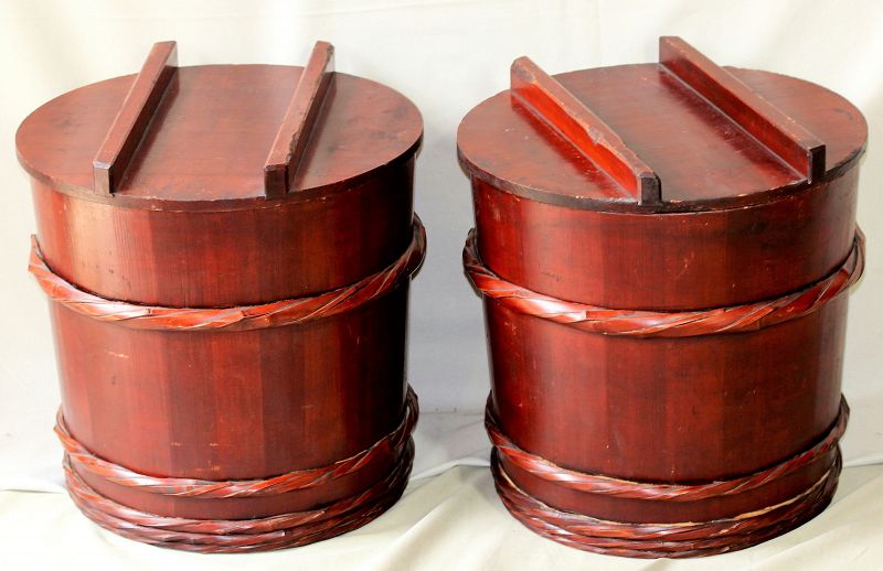 Pair Japanese Cedar Wood Merchant Miso Storage Tubs, Barrels