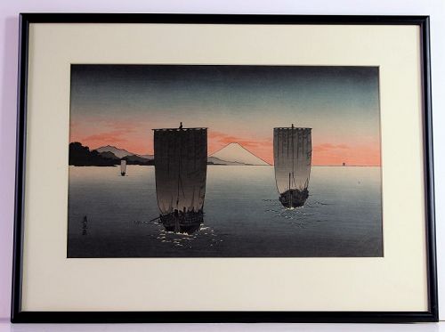 Japanese Eisen Wood Block Print, Mt Fuji & Fishing Boats