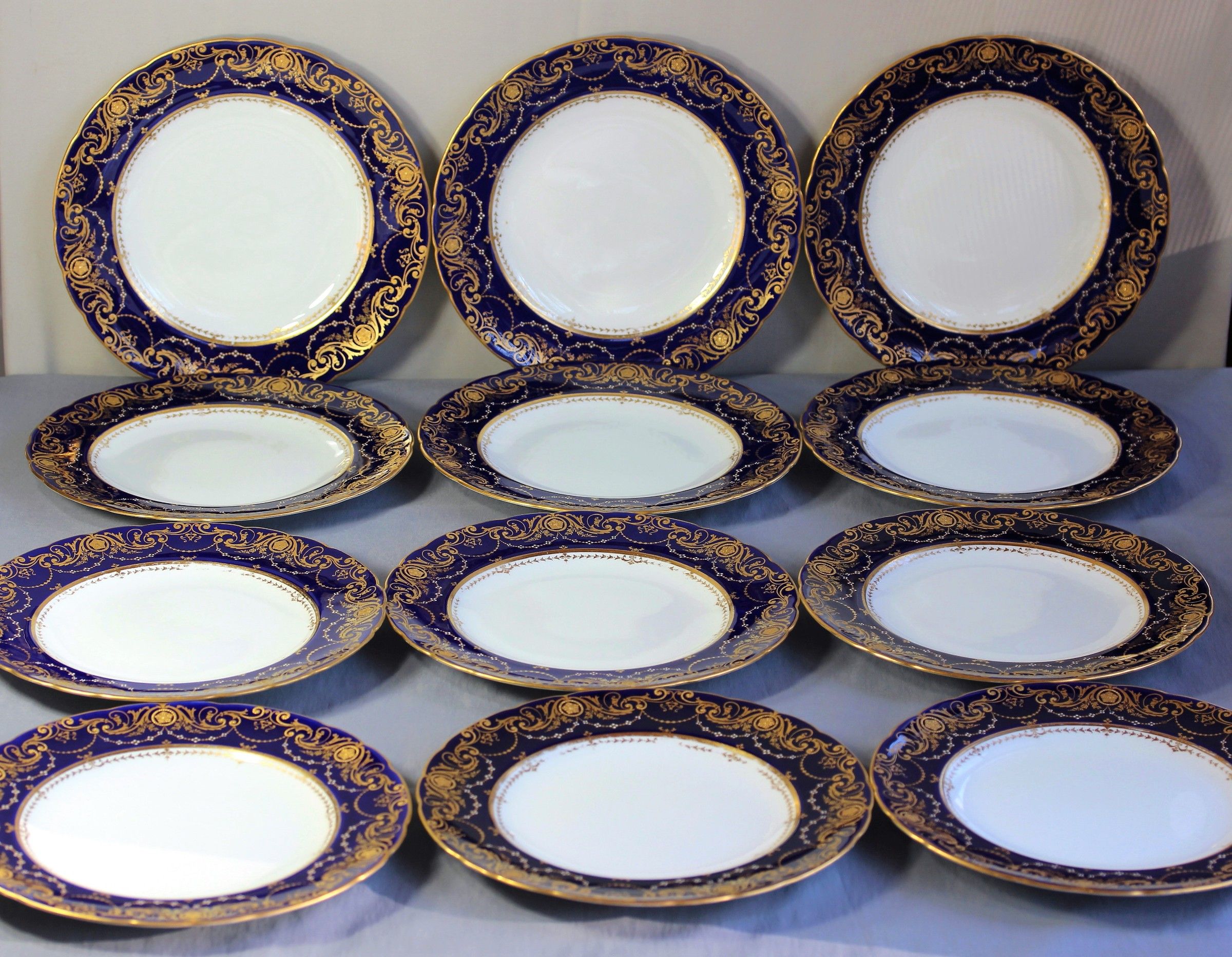 12 English Derby Porcelain Dinner Plates by Tiffany, cobalt blue, gold