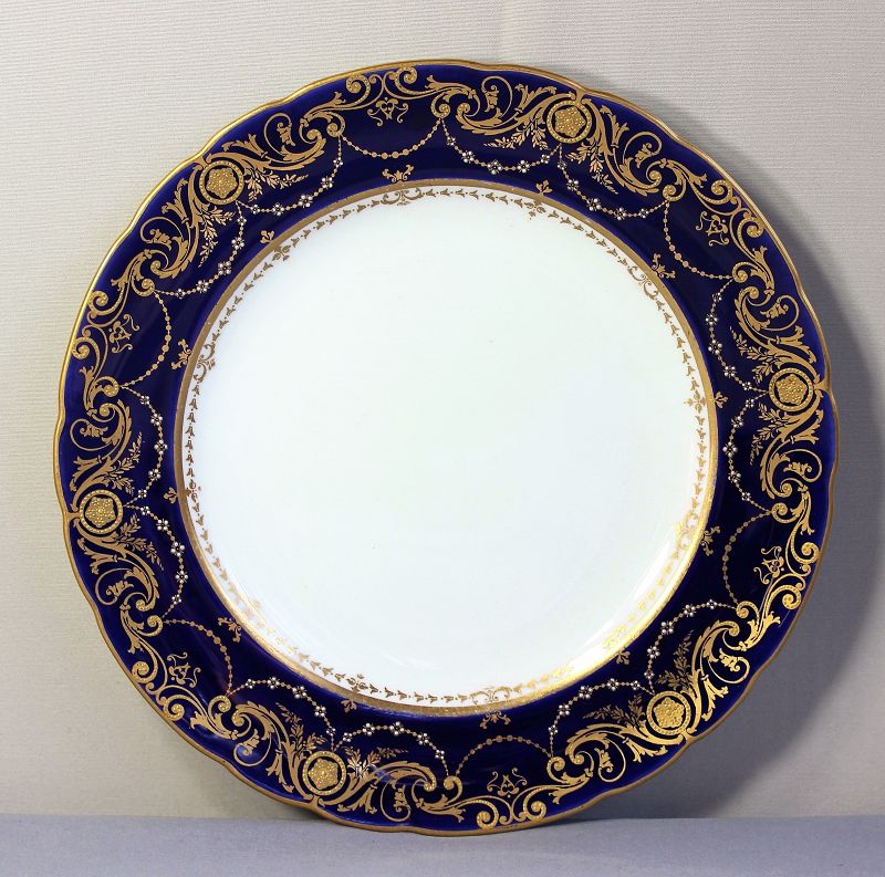 12 English Derby Porcelain Dinner Plates by Tiffany, cobalt blue, gold