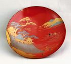 Japanese Makie Lacquer Sake Dish, Castle, River, Fishing Boat