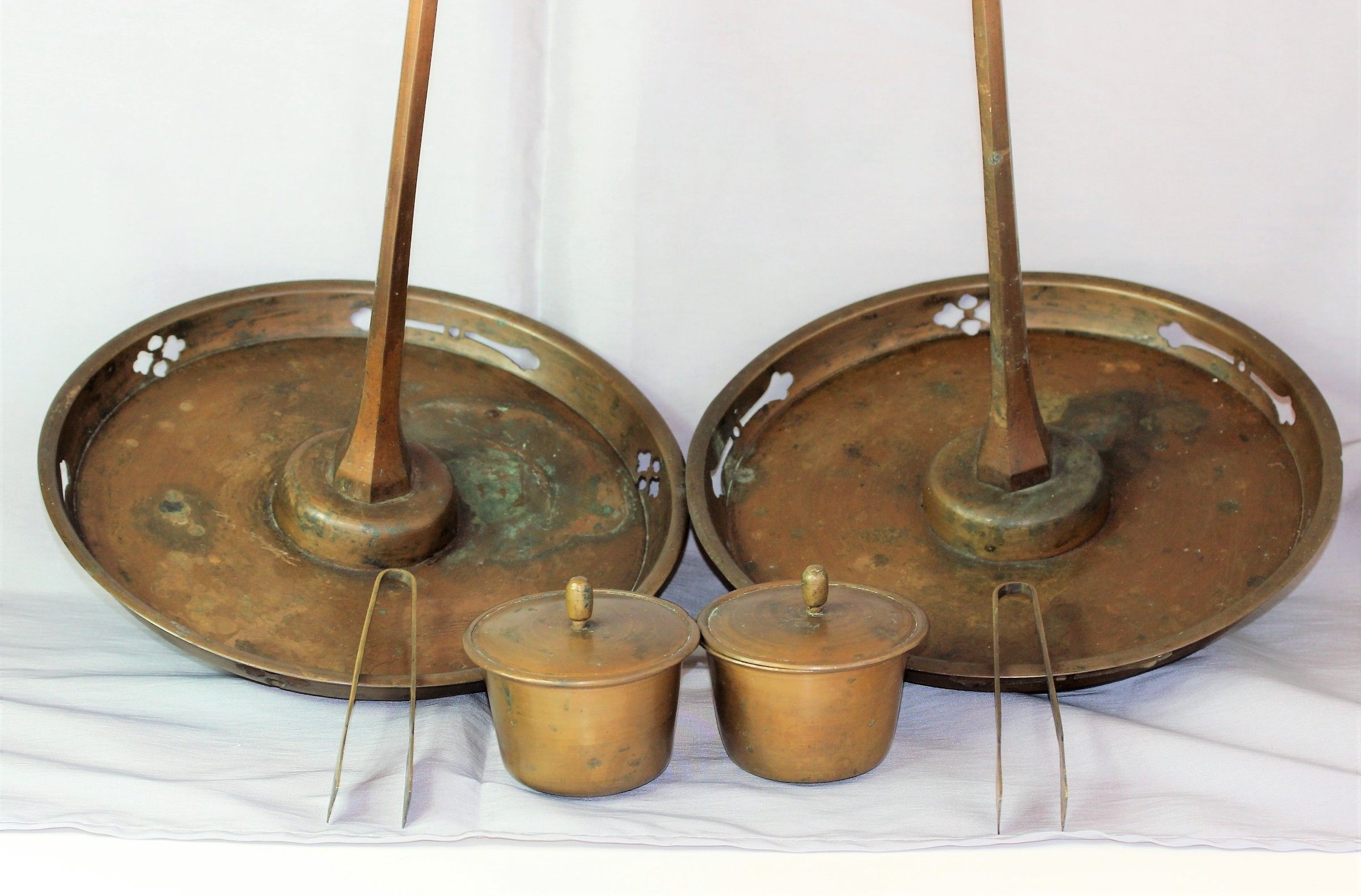 Pair Japanese Bronze Tall Candlesticks, with complete set of Utensils