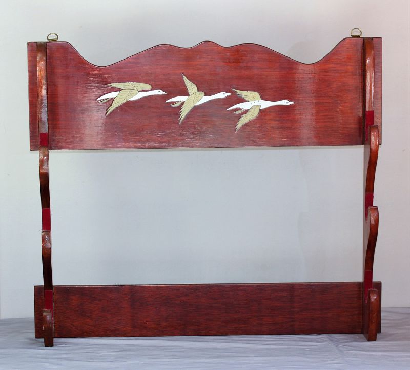 Korean Lacquered Wood Sword Rack, Brass inlaid Geese