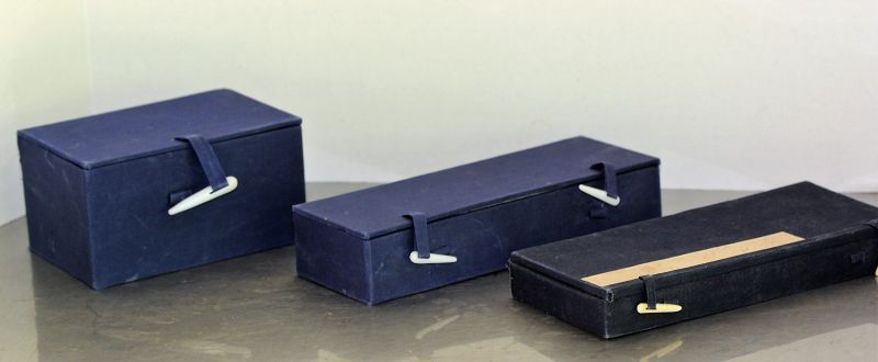 3 Chinese Blue Fabric covered Storage Boxes
