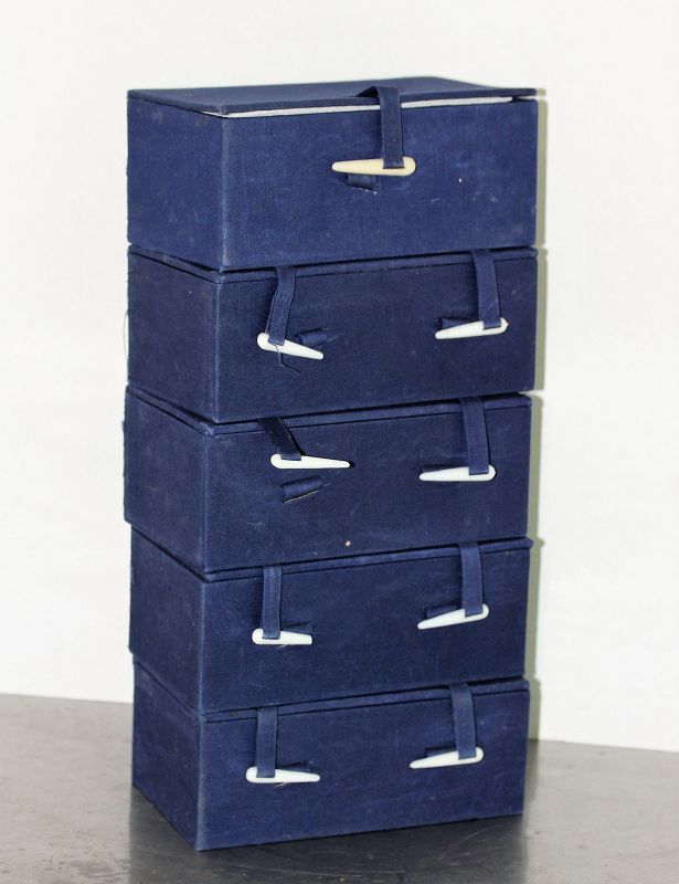 5 Chinese Blue Fabric covered Storage Boxes