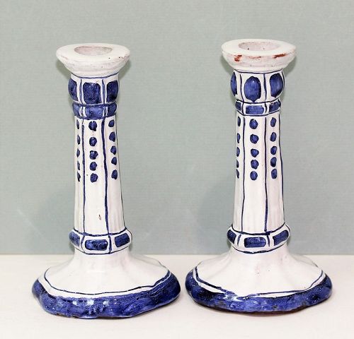 Pair Portuguese Ceramic Candlesticks, Blue & White, hand painted