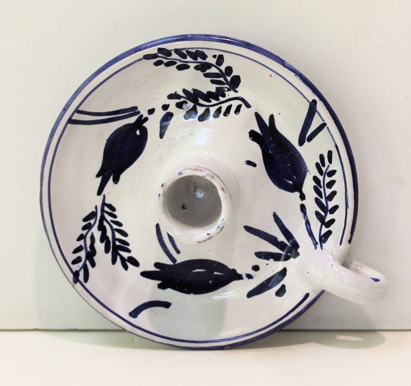 Portuguese Blue &amp; White Ceramic Chamberstick, hand painted