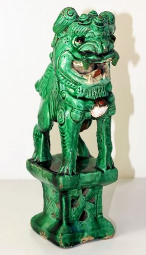 Chinese Foo Dog Joss Stick Holder, Green glazed Stoneware