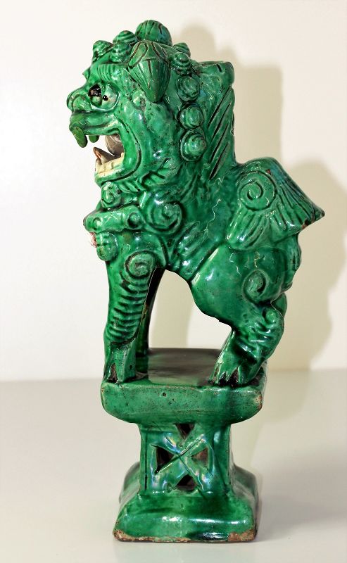 Chinese Foo Dog Joss Stick Holder, Green glazed Stoneware