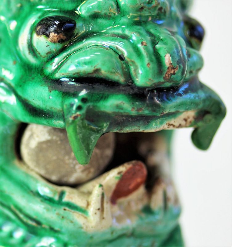 Chinese Foo Dog Joss Stick Holder, Green glazed Stoneware