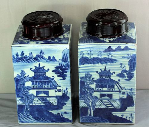 Pr. Chinese Export Canton Tea Canisters, Blue & White Porcelain