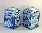 Pr. Chinese Export Canton Tea Canisters, Blue & White Porcelain
