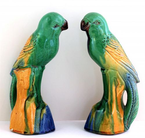 Pr. Chinese Parrots, sancai color glazed Pottery