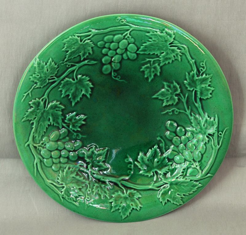 Majolica Pottery green Plate, Grape Vine