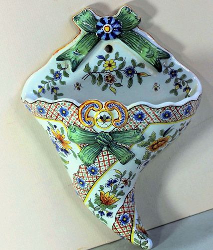 French Faience Wall Vase, Cornucopia shape Wall Pocket