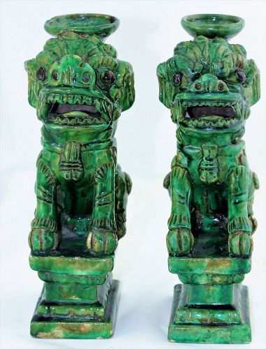 2 Chinese Foo Lion, Foo Dog Joss Stick Holders, Green Pottery