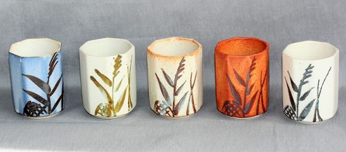 5 Japanese Sake Cups, Octagonal shape painted Bamboo