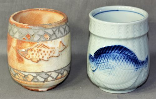 2 Japanese Porcelain, Pottery Tea Cups, fish and character written