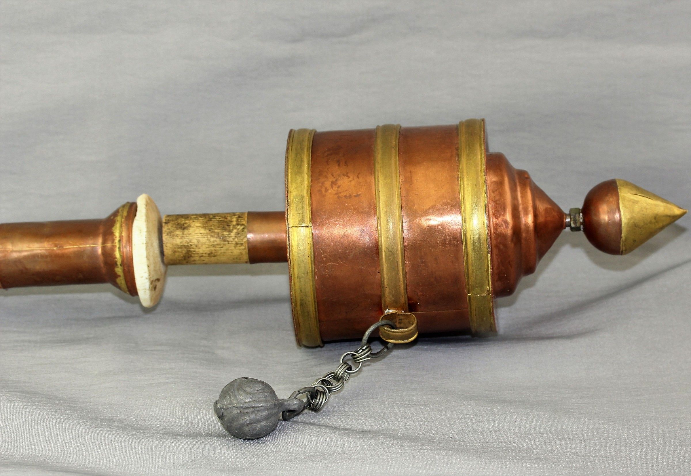 Tibetan Buddhist Prayer Wheel, Copper &amp; Brass, Shell &amp; Bamboo handle