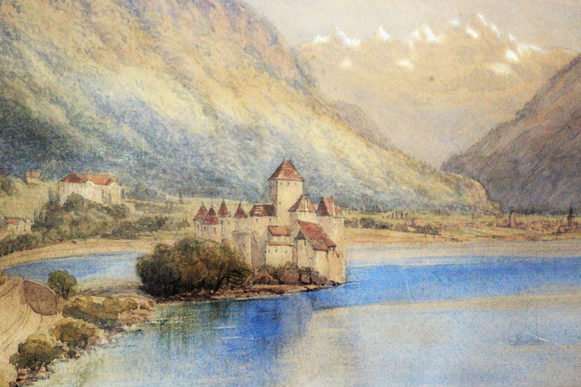 Pastel Painting on Paper, Castle on the Lake