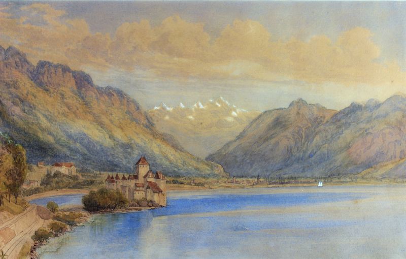 Pastel Painting on Paper, Castle on the Lake